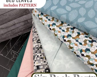 Kit de colcha "Hojas Geo" para fiestas, paquete de seis, con cortes de media yarda, patrón y videotutorial GRATIS, para principiantes, sin ribete.
