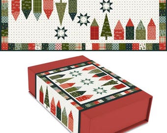 Kit de camino de mesa / Kit de edredón en caja Riley Blake / Tela "Christmas is in Town" / Patrón "Winter Village" / Pastel de capas DIY