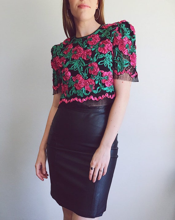 1980s mesh and ribbon blouse with puff shoulder, f