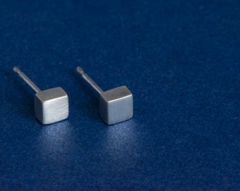 Brushed silver 'cuboid' stud earrings, Cube earrings, Square earrings. Contemporary, minimalist, sleek!