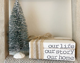 our life our story our home- Decorative books, stamped books, stacked book set, book stack with names, book decor, Personalized book