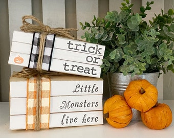 Halloween book stacks, Farmhouse halloween decor, Halloween decor, Fall home decor, Fall custom book decor, Trick or Treat decor, Bookings