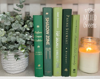 Green staging books, Green home decor, House decor, Book decorating, Modern books, Decorative books, Book staging decorations, Shelf decor