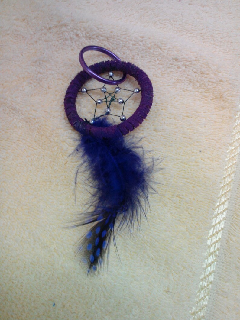 Artisan made Key RingDream Catcher Art Purple Feather with Spots 2 in Double Star w Silver Beads Purple OOAK