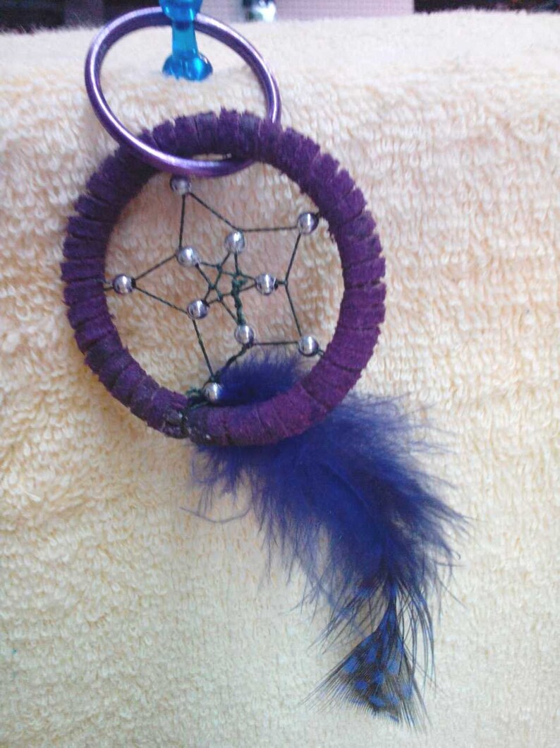 Artisan made Key RingDream Catcher Art Purple Feather with Spots 2 in Double Star w Silver Beads Purple OOAK