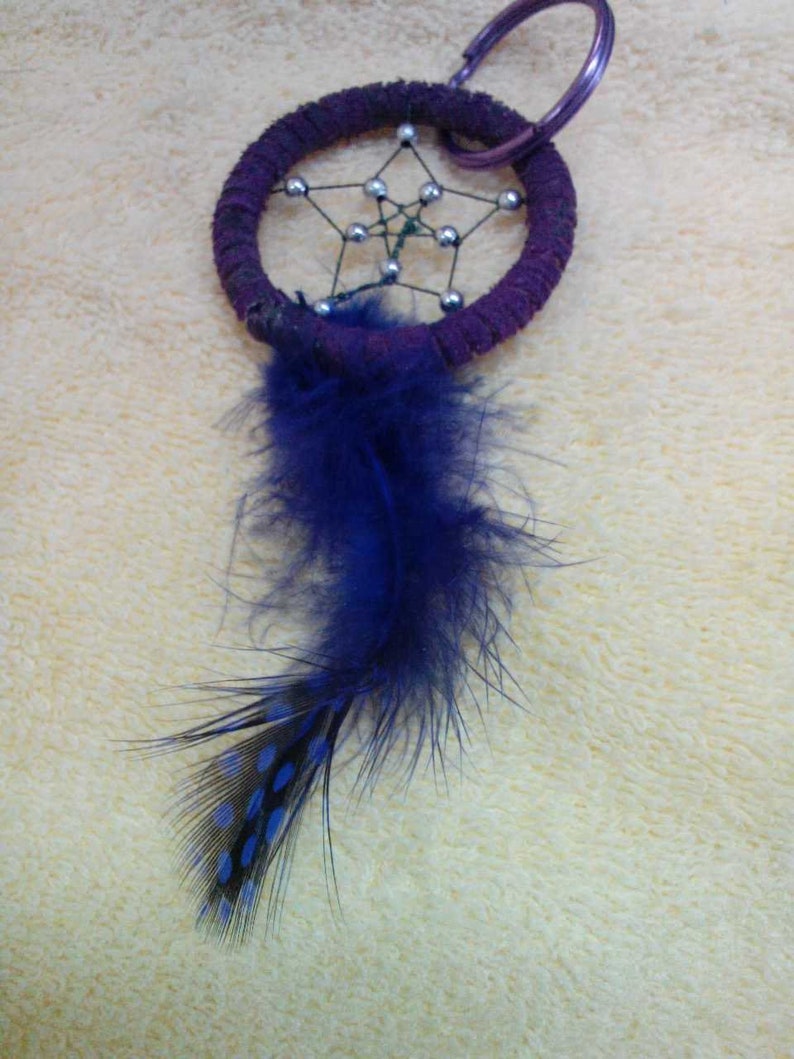 Artisan made Key RingDream Catcher Art Purple Feather with Spots 2 in Double Star w Silver Beads Purple OOAK