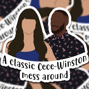 May include: A sticker featuring a cartoon illustration of a woman with long dark hair and a man with a beard. They are both wearing casual clothing. The sticker has the text "A classic Cece-Winston mess around" in black text.