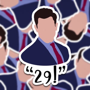 Può includere: Un adesivo con un'illustrazione di un cartone animato di una persona in abito blu e cravatta rossa. L'adesivo ha un bordo bianco e il testo "29!" in nero.