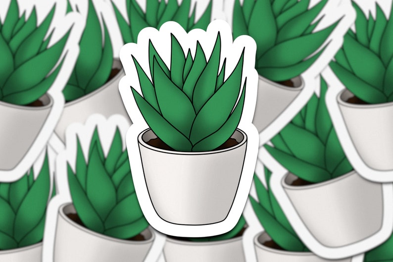 May include: A sticker featuring a cartoon illustration of a green succulent plant in a white pot. The sticker has a white border.
