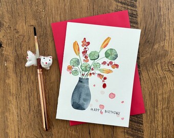 Watercolor greeting card, Original watercolor card,Handmade card with envelope, Birthday card, flower birthday card, Blank card