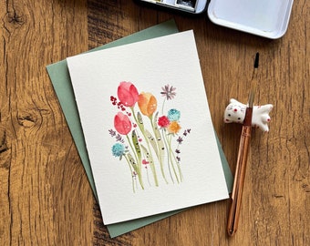 Watercolor greeting card, Original watercolor card,Handmade card with envelope, Birthday card, Thank you card, Blank card,Modern floral card