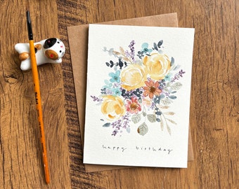 Watercolor greeting card, Original watercolor card,Handmade card with envelope, Birthday card, flower birthday card, Blank card