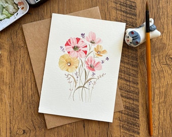 Watercolor greeting card, Original watercolor card,Handmade card with envelope, Birthday card, Thank you card, Blank card,Modern floral card