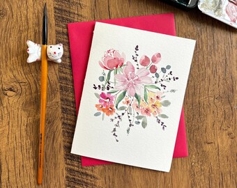 Watercolor greeting card, Original watercolor card,Handmade card with envelope, Birthday card, Thank you card, Blank card,Modern floral card