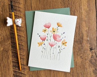 Watercolor greeting card, Original watercolor card,Handmade card with envelope, Birthday card, Thank you card, Blank card,Modern floral card