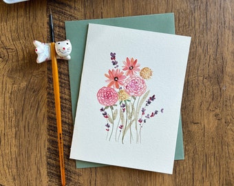 Watercolor greeting card, Original watercolor card,Handmade card with envelope, Birthday card, Thank you card, Blank card,Modern floral card