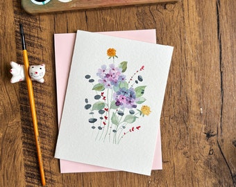 Watercolor greeting card, Original watercolor card,Handmade card with envelope, Birthday card, Thank you card, Blank card,Modern floral card