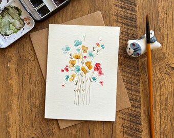 Watercolor greeting card, Original watercolor card,Handmade card with envelope, Birthday card, Thank you card, Blank card,Modern floral card