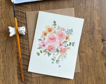 Watercolor greeting card, Original watercolor card,Handmade card with envelope, Birthday card, Thank you card, Blank card,Modern floral card