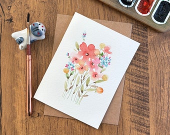 Watercolor greeting card, Original watercolor card,Handmade card with envelope, Birthday card, Thank you card, Blank card,Modern floral card