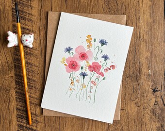 Watercolor greeting card, Original watercolor card,Handmade card with envelope, Birthday card, Thank you card, Blank card,Modern floral card