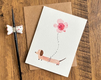 Watercolor greeting card, Original watercolor card, Card with envelope, Dog birthday card, Blank card, Dachshund birthday card