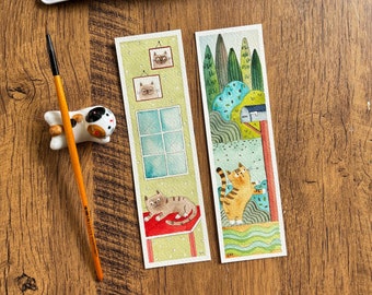 Bookmarks, Set of 2, 2"x7", Original hand-painted watercolor, cute cat bookmarks, Book lover's gift, Book accessory, fun bookmarks