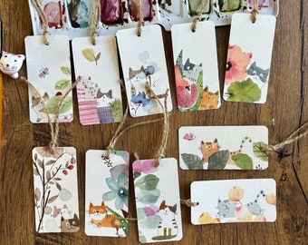 Assorted cat gift tags, watercolor gift tags, Original watercolor, Set of 10, size 1.5"x 3",Handmade gift tags, Cute cat gift tags