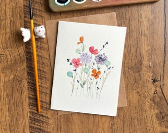 Watercolor greeting card, Original watercolor card,Handmade card with envelope, Birthday card, Thank you card, Blank card,Modern floral card