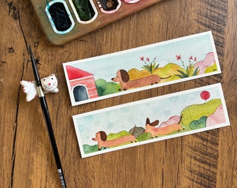 Bookmarks, Set of 2, 2"x7", Original hand-painted watercolor, Dachshund bookmarks, Book lover's gift, Book accessory, dog bookmarks