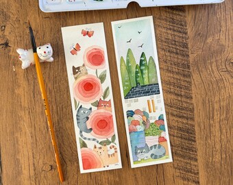 Bookmarks, Set of 2, 2"x7", Original hand-painted watercolor, cute cat bookmarks, Book lover's gift, Book accessory, fun bookmarks