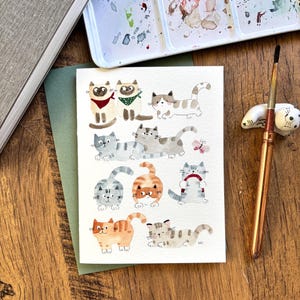 Aquarel wenskaart, originele aquarelkaart, handgemaakte kaart met envelop, verjaardagskaart, bedankkaart, blanco kaart, kattenkaart