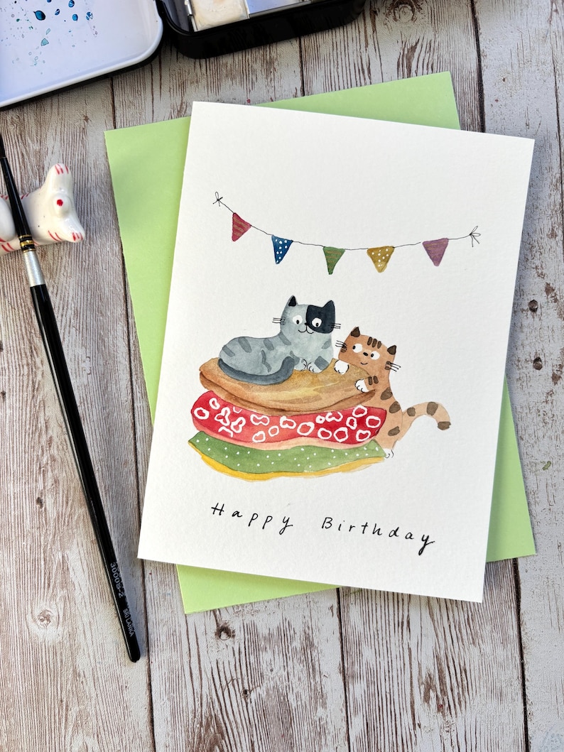 Watercolor Cat Birthday Card: Original Hand-painted Greeting Card - Etsy