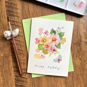 Watercolor greeting card, Original watercolor card,Handmade card with envelope, Birthday card, flower birthday card, Blank card