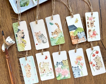 Assorted cat gift tags, watercolor gift tags, Original watercolor, Set of 10, size 1.5"x 3",Handmade gift tags, Botanical gift tags