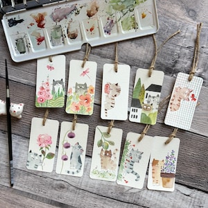 Assorted cat gift tags, watercolor gift tags, Original watercolor, Set of 10, size 1.5&quot;x 3&quot;,Handmade gift tags, Botanical gift tags