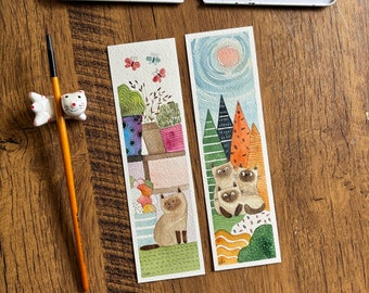 Bookmarks, Set of 2, 2"x7", Original hand-painted watercolor, cute cat bookmarks, Book lover's gift, Book accessory, fun bookmarks