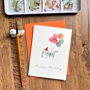 Carte de voeux aquarelle, carte aquarelle originale, carte avec enveloppe, carte d'anniversaire, carte d'anniversaire de chat, carte vierge
