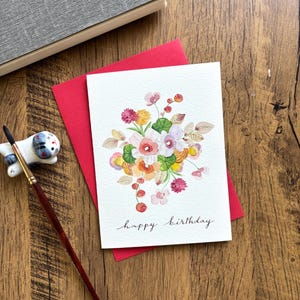 Aquarel wenskaart, originele aquarelkaart, handgemaakte kaart met envelop, verjaardagskaart, bloem verjaardagskaart, blanco kaart