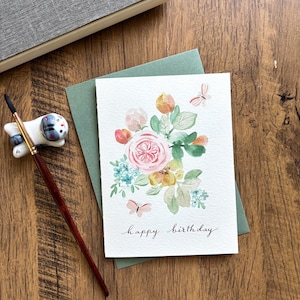 Aquarel wenskaart, originele aquarelkaart, handgemaakte kaart met envelop, verjaardagskaart, bloem verjaardagskaart, blanco kaart