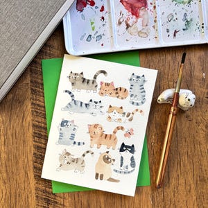 Aquarel wenskaart, originele aquarelkaart, handgemaakte kaart met envelop, verjaardagskaart, bedankkaart, blanco kaart, kattenkaart