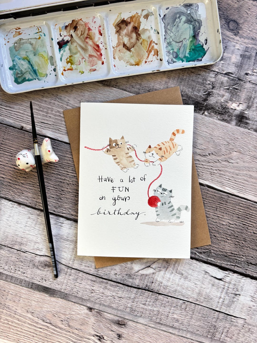 Watercolor Cat Birthday Card: Original Hand-painted Greeting Card - Etsy