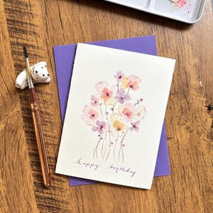 Watercolor greeting card, Original watercolor card,Handmade card with envelope, Birthday card, flower birthday card, Blank card