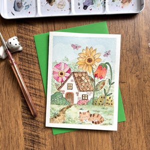 Watercolor greeting card, Original watercolor card,Handmade card with envelope, Birthday card, Thank you card, Blank card, Cat card