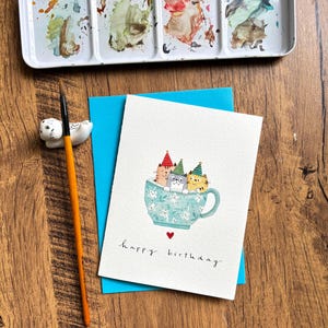 Carte de voeux aquarelle, carte aquarelle originale, carte avec enveloppe, carte d'anniversaire, carte d'anniversaire de chat, carte vierge