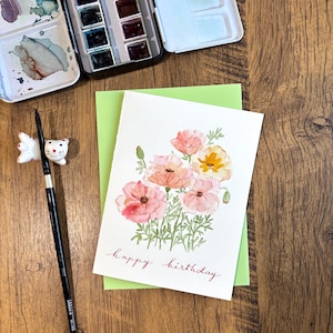 Carte de voeux aquarelle, carte aquarelle originale, carte faite main avec enveloppe, carte d'anniversaire, carte d'anniversaire fleur, carte vierge