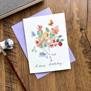 Aquarel wenskaart, originele aquarelkaart, handgemaakte kaart met envelop, verjaardagskaart, bloem verjaardagskaart, blanco kaart