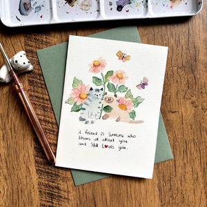 Carte de voeux aquarelle, carte aquarelle originale, carte avec enveloppe, carte de chat, carte vierge, carte de citation positive