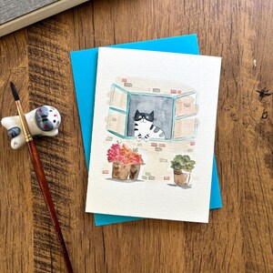 Aquarel wenskaart, originele aquarelkaart, handgemaakte kaart met envelop, verjaardagskaart, bedankkaart, blanco kaart, kattenkaart