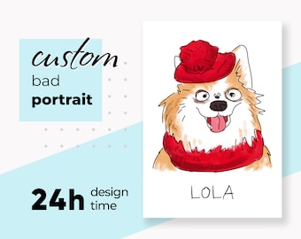 Custom Bad Pet Portrait For Christmas Gift | Line Art Pet Illustration | Dog Portrait | Funny Caricature Dog Portrait | Personalized Cat Art